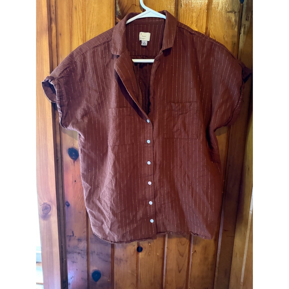 A New Day Rust Brown Gold Metallic Pinstripe Short Sleeve Button Down Shirt L